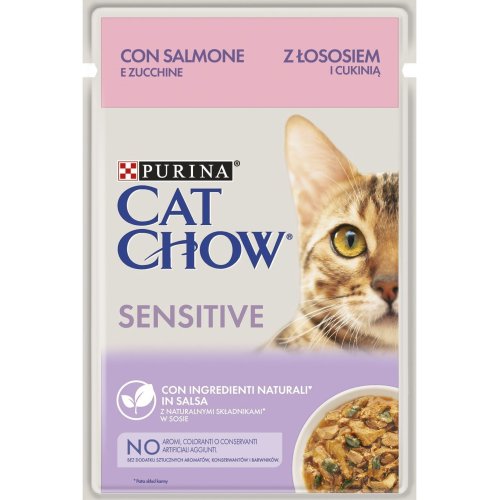 Cat Chow Sensetive - консервы Кэт Чау с лососем и цукини в желе для котов с чувствительным пищеварением 85г 8445290426574

