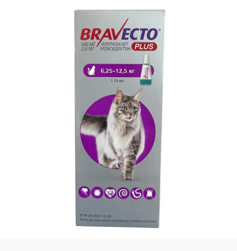 Bravecto Plus Spot-On - інсектоакарицидні краплі Бравекто Плюс Спот-Он для кішок Вага 6,25 - 12,5 кг, 500 мг одна піпетка
