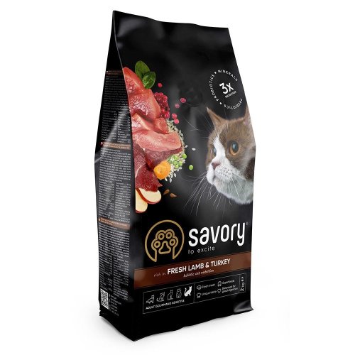 Savory Adult Cat Sensitive Digestion - корм Сейворі для котів з чутливим травленням зі свіжим ягням та індичкою 2 кг (30082)