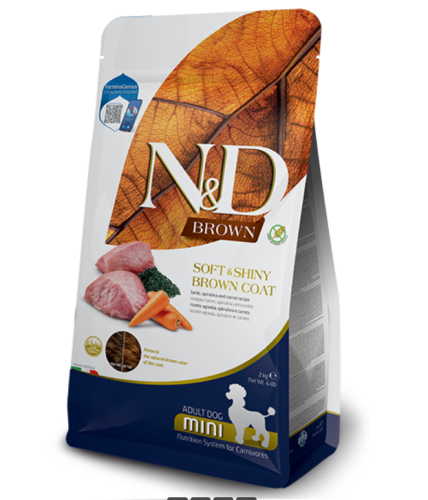 Farmina N&D Grain Free Brown Adult Mini - корм Фармина N&D Brown Adult Mini сухой беззерновой для взрослых собак мелких пород с коричневой шерстью с ягненком, спирулиной и морковью 2 кг