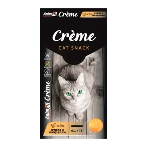 Ласощі AnimAll Сrème для котів зі смаком курки з макреллю, 6 х15 г