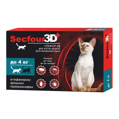 Краплі Secfour 3D від бліх і кліщів  для котів до 4 кг, 2 п/уп.