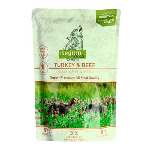 Консервований корм для собак ISEGRIM Pouch Roots JUNIOR Turkey & Beef, індичка та яловичина з бататом, лососевим жиром та травою, 410 г
