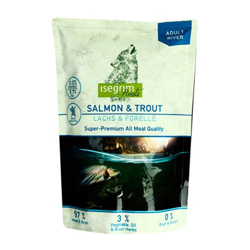 Консервированный корм для собак ISEGRIM Pouch Roots Salmon & Trout, лосось и форель с топинамбуром, сафлоровым маслом и травами, 410 г