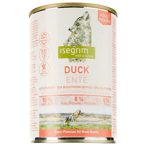 Консервований корм для собак ISEGRIM Duck with Parsnip, Sea Buckthorn & Wild Herbs, качка з пастернаком, обліпихою та травам, 400 г