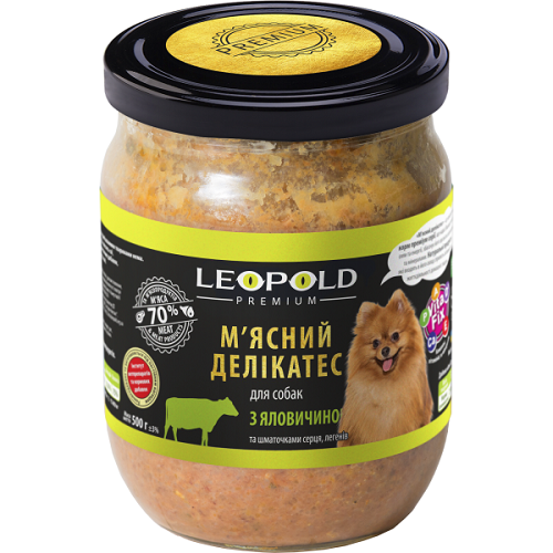Леопольд - консервированный корм для собак Мясной деликатес с мясом говядины и кусочками сердца, легких, 500 г