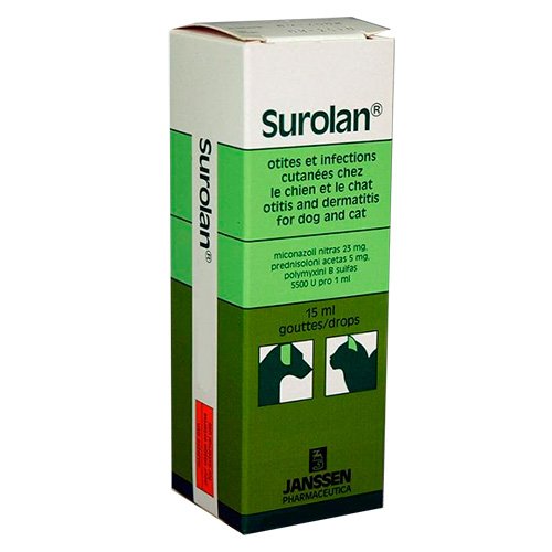 Краплі для вух Elanco Суролан для лікування отиту та дерматитів у собак та котів, 15 мл