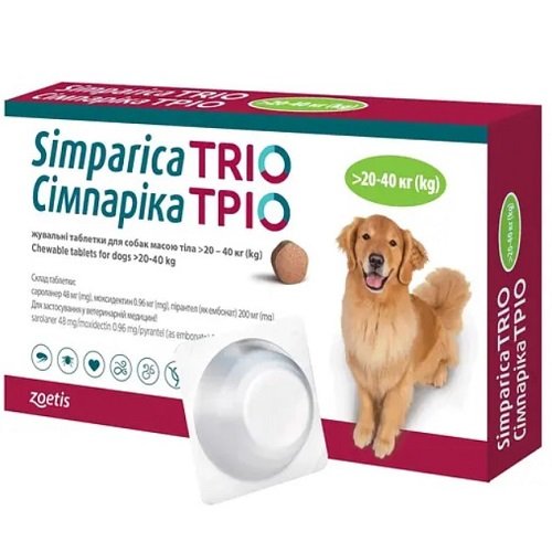Zoetis Simparica TRIO - таблетки Симпарика ТРИО от глистов блох и клещей, 20,1 - 40 кг, 1 таблетка