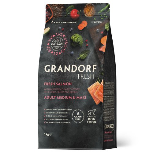 Grandorf FRESH SALMON & SWEET POTATO ADULT DOG MEDIUM & MAXI - Беззерновой сухой корм для взрослых собак средних и крупных пород с лососем и бататом, 1 кг