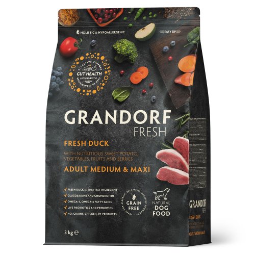 Grandorf FRESH DUCK & SWEET POTATO ADULT DOG MEDIUM & MAXI - Беззерновий сухий корм для дорослих собак середніх та великих порід з качкою та бататом, 3 кг Grandorf FRESH DUCK & SWEET POTATO ADULT DOG MEDIUM & MAXI - Беззерновий сухий корм для дорослих собак середніх та великих порід з качкою та бататом, 3 кг
