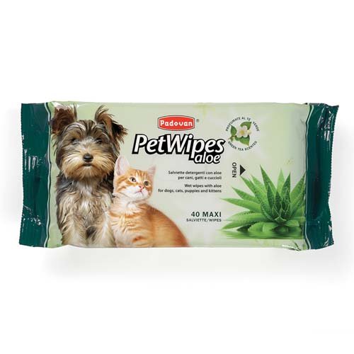 Padovan Pet Wipes Aloe - очищающие влажные салфетки с алоэ вера и зеленым чаем, 40 шт