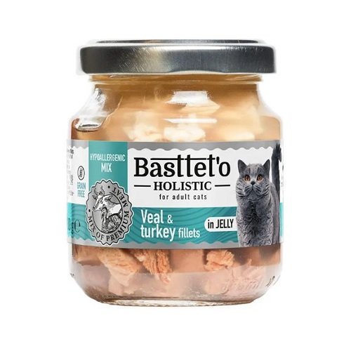 Вологий корм Basttet`O Holistic Шматочки філе індички та телятини в желе для котів 130г