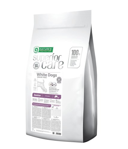 Сухий беззерновий корм для цуценят всіх порід з білим забарвленням шерсті Superior Care White Dogs Grain Free Junior All Breeds 17кг