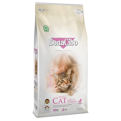 Сухий корм BonaCibo Adult Cat Light&Sterilized для дорослих стерилізованих котів та котів із зайвою вагою, 15 кг  Сухий корм BonaCibo Adult Cat Light&Sterilized для дорослих стерилізованих котів та котів із зайвою вагою, 15 кг