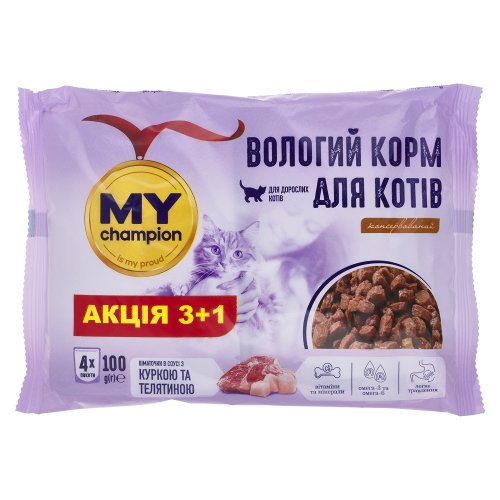 Вологий корм для кішок MY champion шматочки з куркою та телятиною 4х100 г Вологий корм для кішок MY champion шматочки з куркою та телятиною 4х100 г