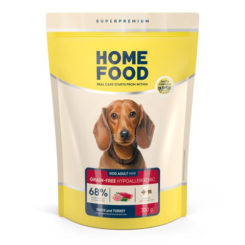 Беззерновой гипоаллергенный сухой корм HOME FOOD для взрослых собак малых пород Утка и индейка Grain-free hypoallergenic, 700 г Беззерновой гипоаллергенный сухой корм HOME FOOD для взрослых собак малых пород Утка и индейка Grain-free hypoallergenic, 700 г
