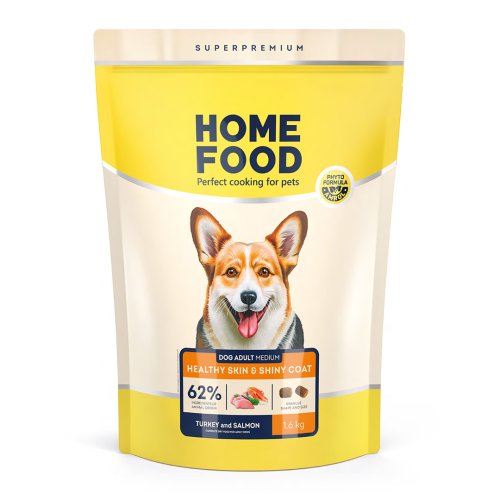 Сухой корм HOME FOOD здоровая кожа и блеск шерсти для взрослых собак средних пород Индейка и лосось Healthy skin and shiny coat, 1.6 кг