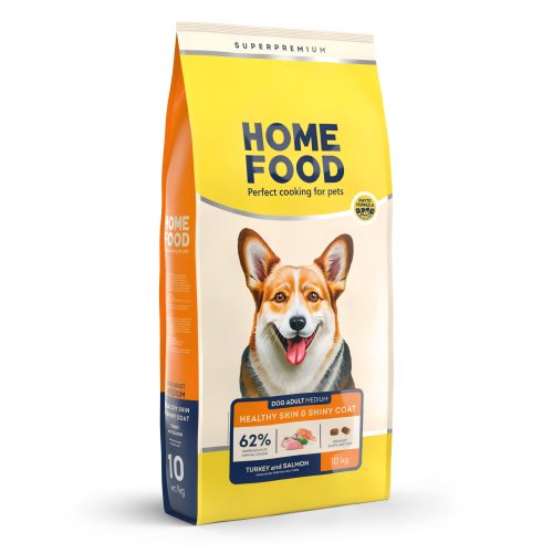 Сухой корм HOME FOOD здоровая кожа и блеск шерсти для взрослых собак средних пород Индейка и лосось Healthy skin and shiny coat, 10 кг