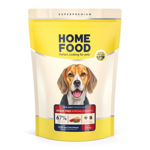 Беззерновий гіпоалергенний сухий корм HOME FOOD для дорослих собак середніх та великих порід Качка та нут Grain-free hypoallergenic, 1.6 кг