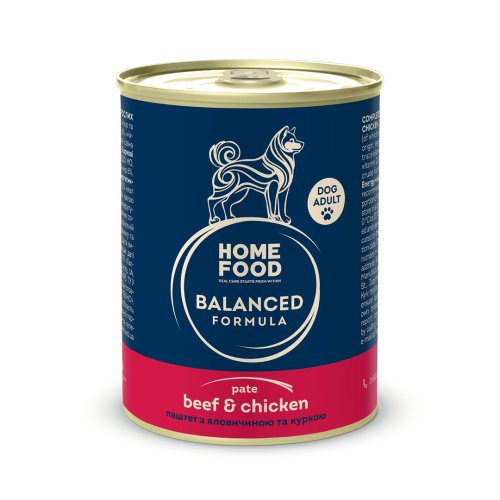 Полнорационный консервированный корм HOME FOOD для взрослых собак, паштет с говядиной и курицей, 360 г Полнорационный консервированный корм HOME FOOD для взрослых собак, паштет с говядиной и курицей, 360 г