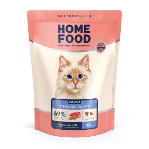 Сухий корм HOME FOOD для стерилізованих/кастрованих дорослих котів з чутливим травленням Ягнятина та лосось With sensitive digestion. For sterilised/neutered, 400 г Сухий корм HOME FOOD для стерилізованих/кастрованих дорослих котів з чутливим травленням Ягнятина та лосось With sensitive digestion. For sterilised/neutered, 400 г