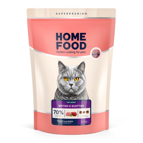 Сухий корм HOME FOOD для дорослих котів британських та шотландських порід Індичка та качка For British and Scottish breeds. Suitable for large breeds, 1.6 кг