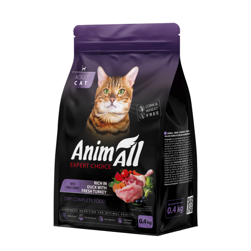 Сухий корм AnimAll для дорослих котів зі свіжою індичкою та качкою, 0,4кг