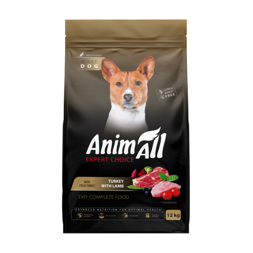 Сухой корм AnimAll для взрослых собак средних пород со свежей индейкой и ягненком, 12 кг