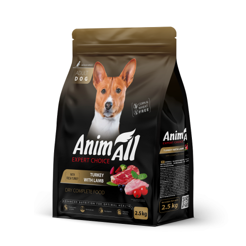 Сухой корм AnimAll для взрослых собак средних пород со свежей индейкой и ягненком, 2,5 кг Сухой корм AnimAll для взрослых собак средних пород со свежей индейкой и ягненком, 2,5 кг