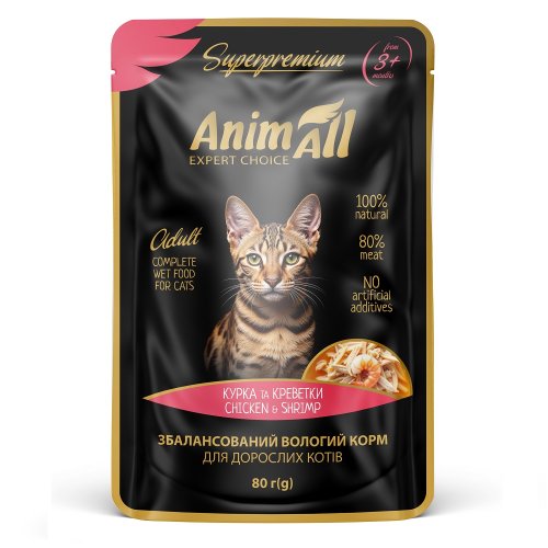 Вологий корм AnimAll з куркою та креветками для котів, пауч, 80г