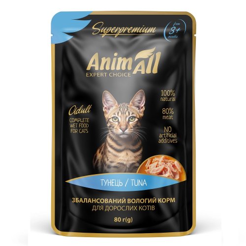 Вологий корм AnimAll Тунець для котів, пауч, 80г