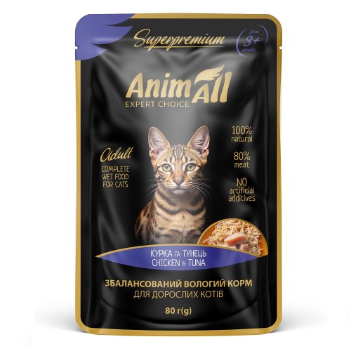 Вологий корм AnimAll Тунець з куркою для котів, пауч, 80г