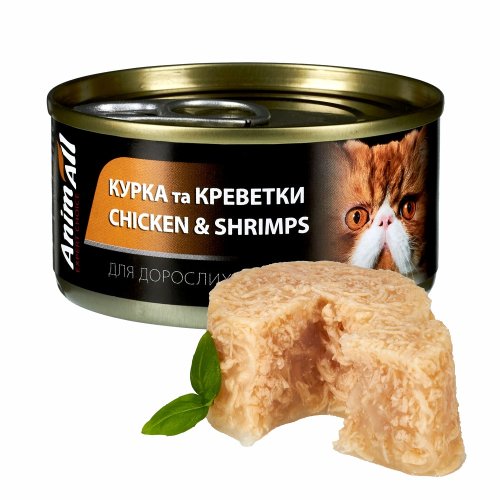 Вологий корм AnimAll для котів, курка з креветками, 85г
