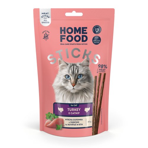 Ласощі для котів HOME FOOD М’ясна соломка з індички та котячої м’яти, 40 г
