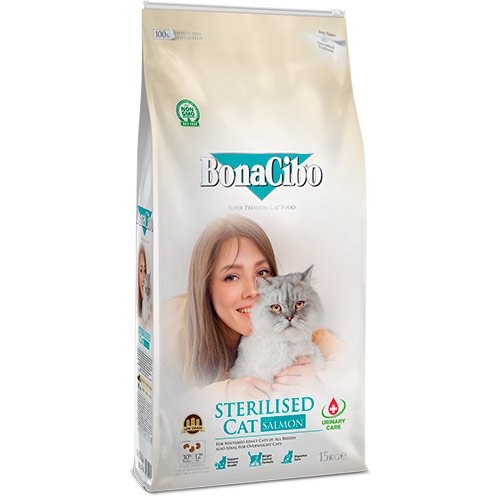 Сухой корм BonaCibo Adult Cat Sterilised Salmon с лососем для взрослых стерилизованных кошек и кошек с избыточным весом 15 кг