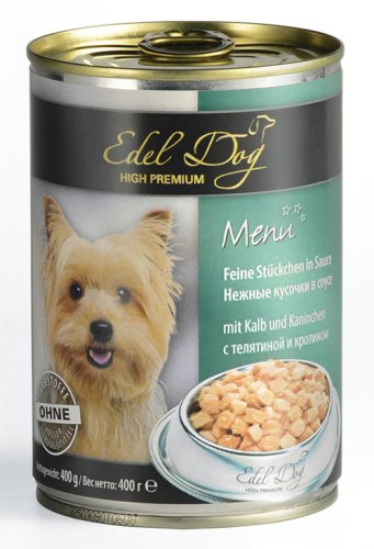 Edel Dog - консерви для собак Едель, ніжні шматочки в соусі, з телятиною й кроликом 400 г (1000331/178010)