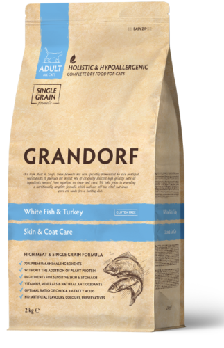 Grandorf White Fish and Turkey  Adult Sensitive - корм Грандорф с белой рыбой и индейкой для кошек с чувствительной кожей и шерстью 400 г (83340)