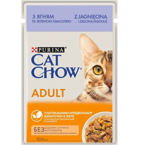 Cat Chow Adult - консервы Кэт Чау с ягненком и зеленой фасолью в желе для взрослых котов 85г 8445290476524
